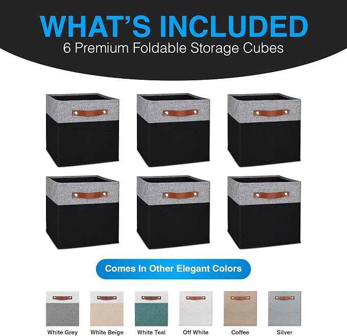 11 Inch Cube Storage Bin - 6 Pack - Linen Fabric 11x11 Cube Storage Bins for Bedroom, Living Room, Clothes and Toys; Foldable, Dual Leather Handles