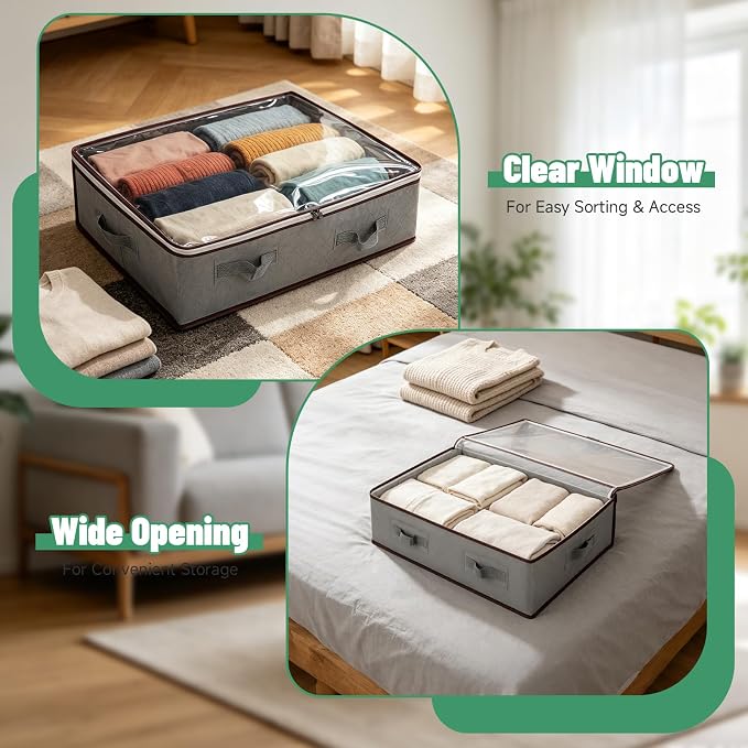 Pterying 8 Pack Under Bed Storage Containers with Transparent Clear Window | Underbed Storage Bins with Reinforced Handles, Dual-Zipper for Clothes, Comforters, Blankets and Bedding, Gray