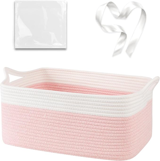 OIASKET Large Empty Cotton Rope Gift Basket with Handles, 16.5"x12.6"x7" Decorative Woven Storage Basket with Gift Bag and Ribbon Set for Baby Shower, Toy Organizer for Kids, Dogs & Cats - Pink&White