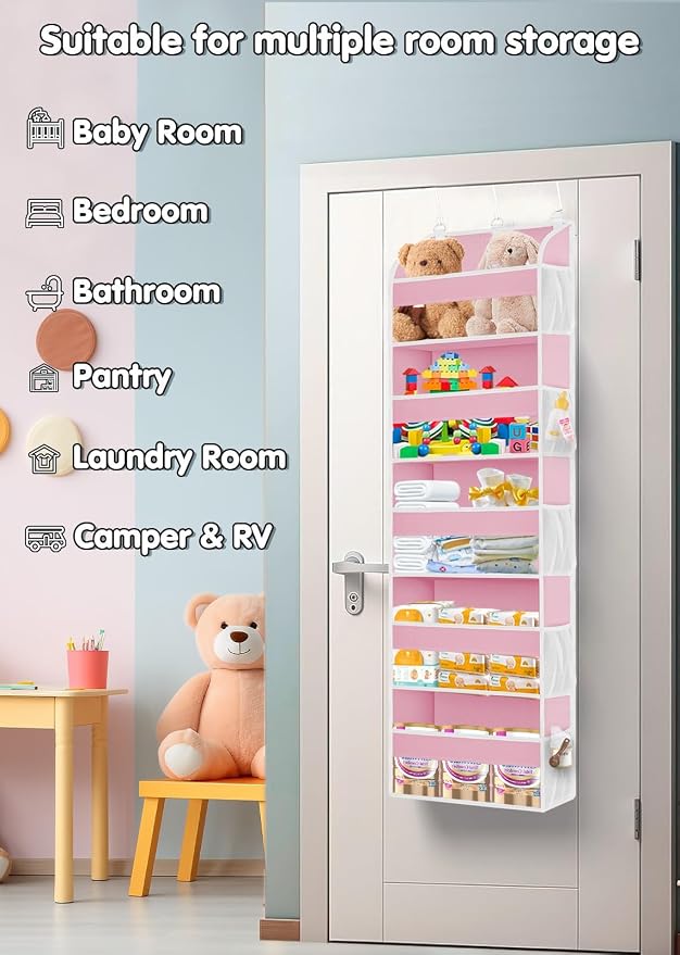 TAHAVICE 2 Pack Over the Door Storage Organizer with 5 Large Pockets | 44 lbs Weight Capacity & 10 Mesh Pockets Door Hanging Organizers and Storage for Bedroom,Bathroom,Nursery,Babyroom(Pink)