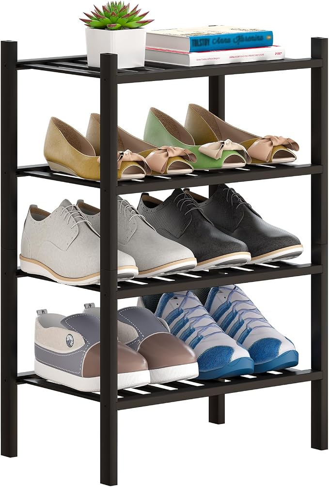 Bamboo Shoe Rack Stackable Shoe Shelf Storage Organizer for Unit Entryway Hallway and Closet Sturdy Freestanding Small Shoe Shelf(4S Tier Black)