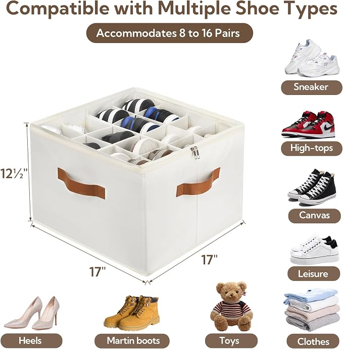 VZZNN 2 Pack Shoe Organizer for Closet, Foldable Shoe Storage Bins with Clear Cover and Adjustable Dividers, Fits up to 16 Pairs, Large Shoe Box Storage Containers with Reinforced Handles (Beige)