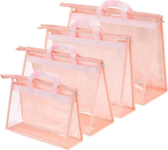 Handbag Dust Bags Clear Purse Storage Organizer for Closet Small to Extra Large Handbags Dust Free Bags Hanging Zipper Storage Bag with Hooks, (Pink, 4 Sizes-4PCS)