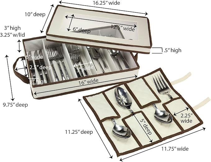 Household Essentials Cream Canvas Flatware Chest with Brown Trim