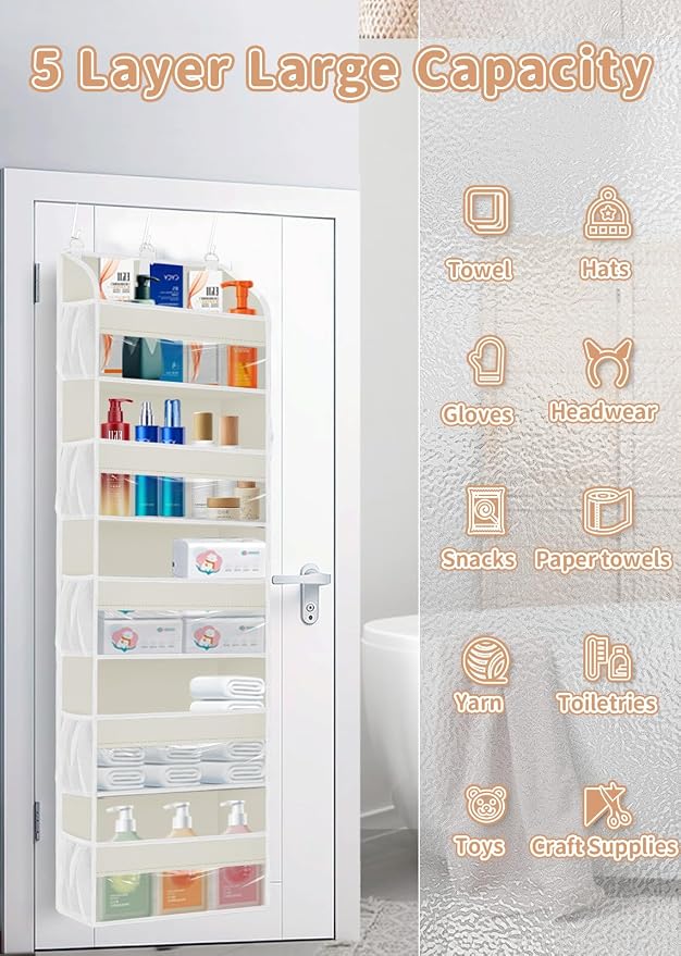 TAHAVICE 1 Pack Over The Door Storage Organizer with 5 Large Pockets | 44 lbs Weight Capacity Door Hanging Organizers with 10 Mesh Pockets and Storage for Bedroom,Bathroom,Nursery,Kidroom,Babyroom