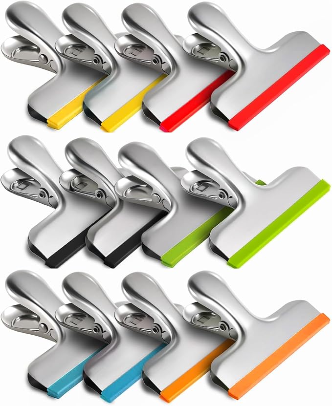HOUSE AGAIN 12 Pack Stainless Steel Chip Bag Clips Covered with Silicone - NO More Sharp Edges - Color Coded for Food Bags - Air Tight Seal, Heavy Duty for Kitchen and Office, 3 Inches, Colorful