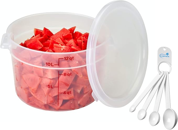 Lumintrail Cambro 12 Quart Round Food Storage Container Translucent with Lid, Bundle Includes a Measuring Spoon Set