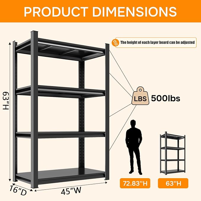 Book Shelf Storage Shelves 4-Tier Wide Bookshelf Metal Shelving Adjustable Shelving Unit Organization and Storage for Bedroom, Home Office, Living Room, Kitchen, Balcony, 63"H × 45"W × 16"D, Black