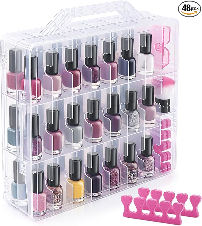 DreamGenius Nail Polish Organizer Case for 48 Bottles with 2 Nail Separators, Double Side Gel Nail Polish Holder with Adjustable Dividers, Clear