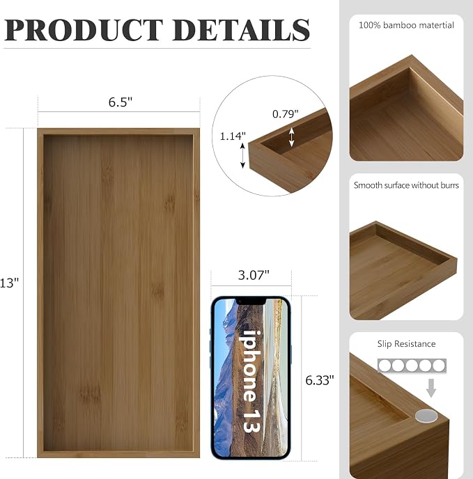 ZHWS Bathroom Vanity Tray for Countertop Perfume Makeup Jewelry Candle Decor, Kitchen Tray for Soap Dispenser Spice Salt, Large Tray for Toilet Tank Paper, Serving Nightstand Brown 13”x6.5”