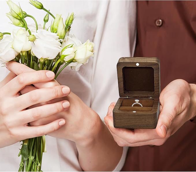 Wooden Ring Holder, Square Retro Engagement Ring Box for Wedding & Proposal (Brown)