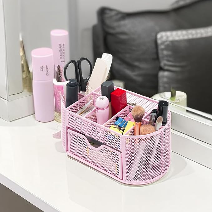 Newkita Desktop Organizer with Pencil Pen Holder and Accessories Offering 8 Compartments and 1 Drawer for Home, School and Office. (Cherry Blossom Pink)
