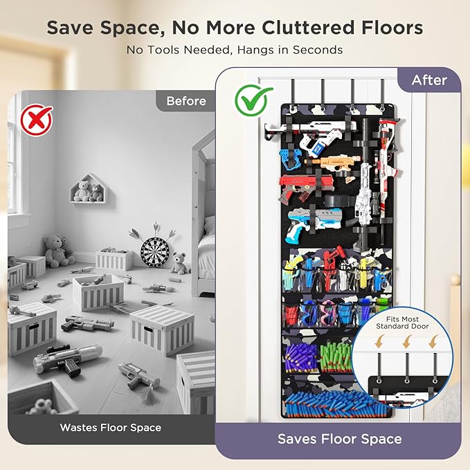 Over the Door Organizer for Toy Guns, Hanging Toy Guns Storage Organizer with Pockets and Slots for Kids Foam Blasters, Darts, Goggles, Toys Storage Door Hanger for Kids Rooms, Game Rooms, Camouflage