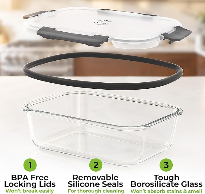 Zulay Kitchen 5 Piece Large 36oz Glass Tupperware Container Set with Lids - Premium BPA Free Borosilicate Glass Food Storage Containers - Leak-Proof Meal Prep - Microwave, Freezer & Oven Safe - Gray