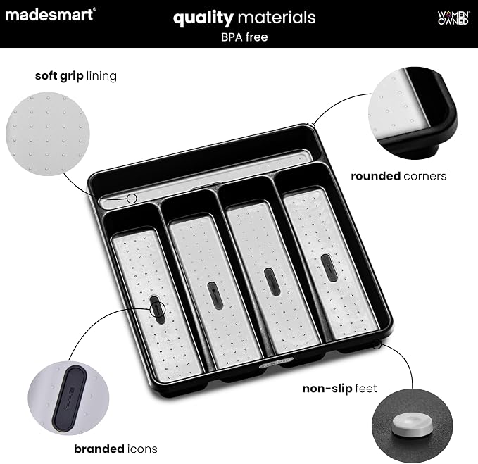 madesmart Classic 5 Compartment Silverware Tray with Soft Grip, Carbon | Standard drawer fit, nonslip feet, forks, knives, spoons, cutlery, flatware, branded icons