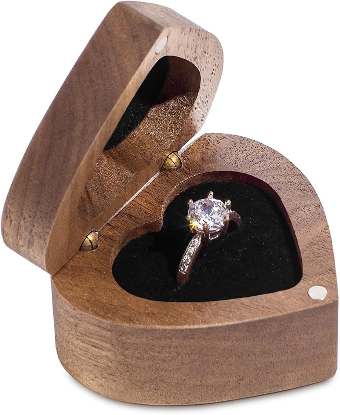Engagement Proposal Ring Box Secret Slim Engraved Wooden Heart Case | Engrave"A Promise is Forever", Walnut Wood Ring Bearer Box Jewelry Storage Holder Display for Wedding Ceremony Commemoration