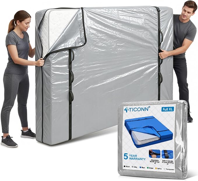 TICONN Mattress Bags for Moving, Heavy Duty Full XL Mattress Cover Storage Bag with Full-Around Handle and Adjustable Buckles (Gray, Full XL)