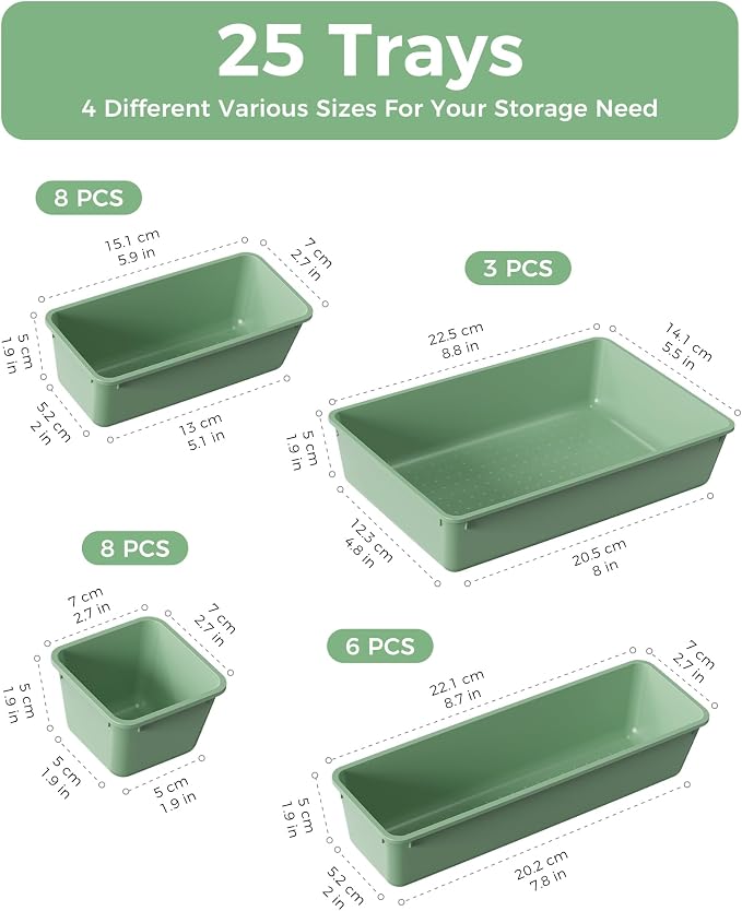 BiuLeon 25 PCS Plastic Drawer Organizers Set, 4-Sizes Vanity and Makeup Organizer, Desk and bathroom Drawer Organizer Trays, Organizers and Storage for Makeup, Jewelry, Gadgets, Utensils (Green)