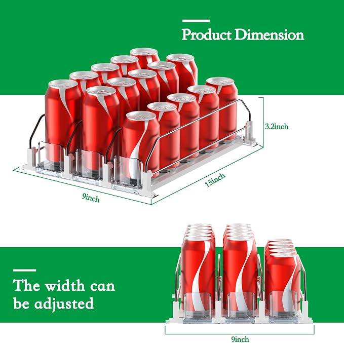Drink Organizer for Fridge-White Automatic Pusher Glide,12oz 16oz 20oz-Soda Dispenser for Fridge-Holds up to 15 Cans