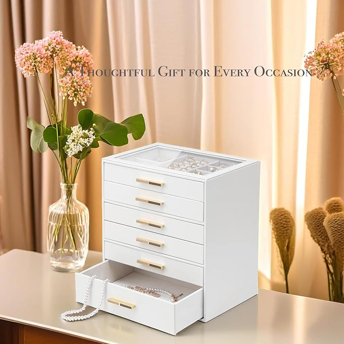 VLANDO 6-Drawer Jewelry Box with Glass Lid, Faux Leather Organizer for Rings Earrings Necklaces and More, Gift-Ready Jewelry Case for Women Girls or Moms, White
