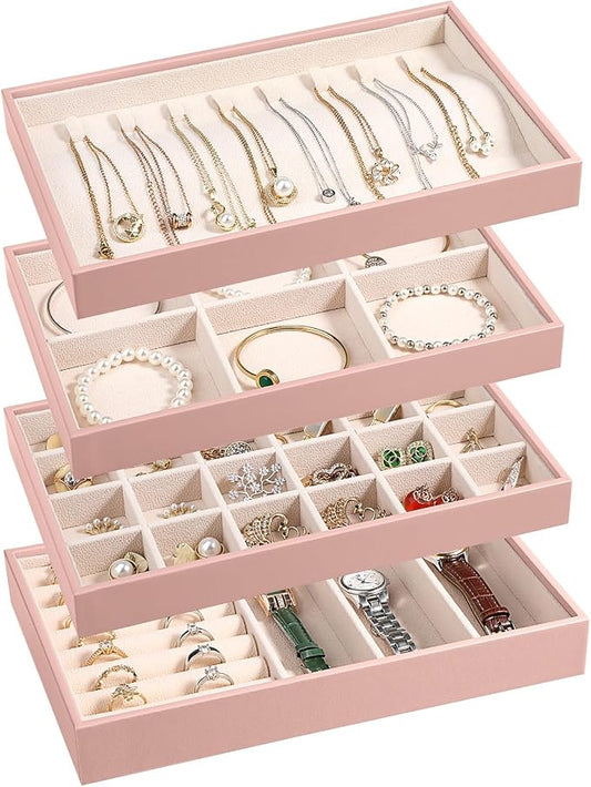 LANDICI Stackable Jewelry Organizer Trays 4 Set,PU Leather Jewelry Organizer Drawer,Jewelry Storage Display Tray for Earring Necklace Rings Bracelet with Removable Dividers,Pink