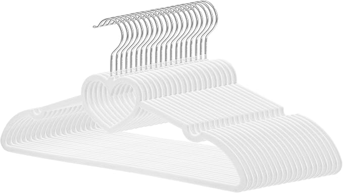 Velvet Hangers 20 Pack,16 Inch Non Slip Adult Heart Hanger (White) | 360° Swivel Hooks, Cascade Design, Space Saving