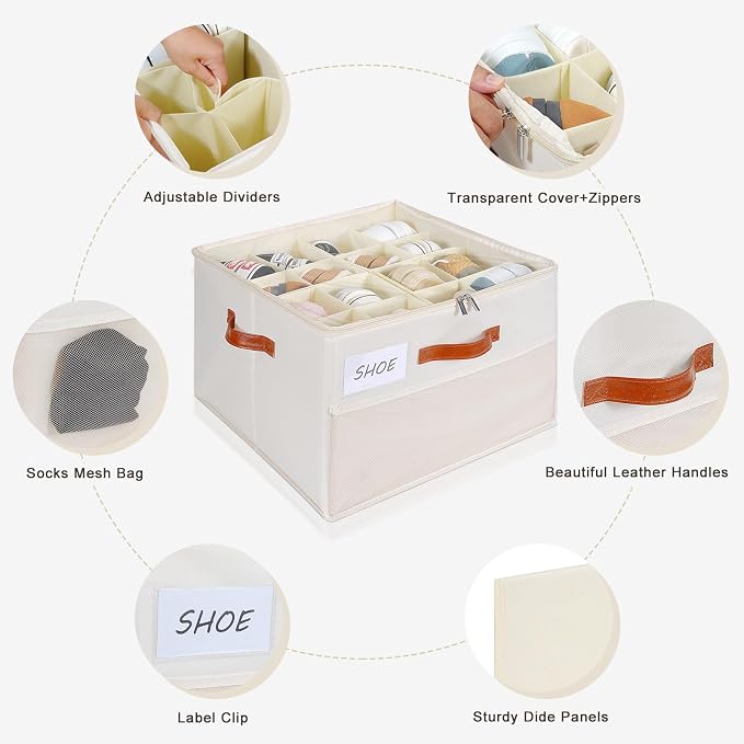Shoe Organizer for Closet, Shoe Storage Box, Foldable Shoe Box with Adjustable Dividers and Clear Cover, Closet Shoe Organizer Fits up to 16 Pairs, 1-Pack, Extra Storage Pocket for Socks