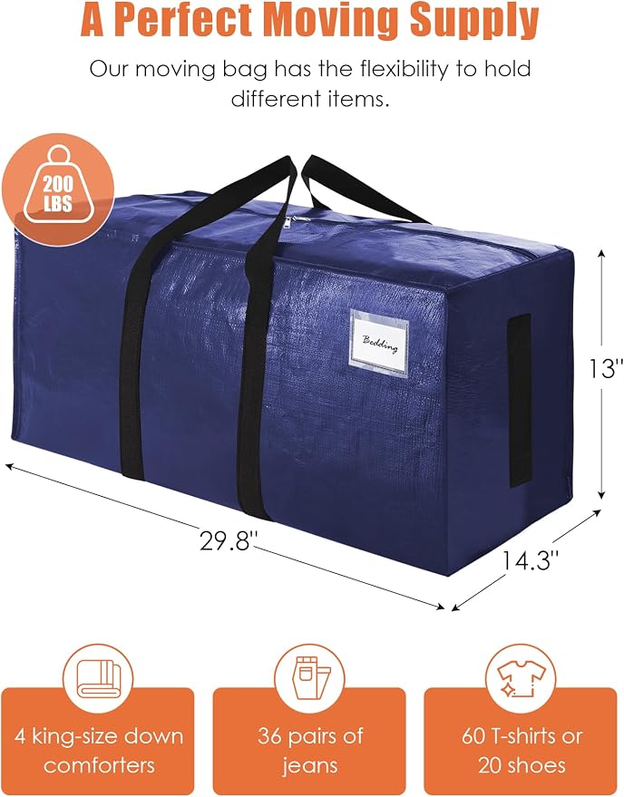 SWEET DOLPHIN 12 Pack 200LB Heavy-Duty Moving Bags with Wrap-Around Handles, Extra Large Storage Totes for Space Saving, Clothes Storage Bags, College Dorm Essentials, Blue, 24 Gal