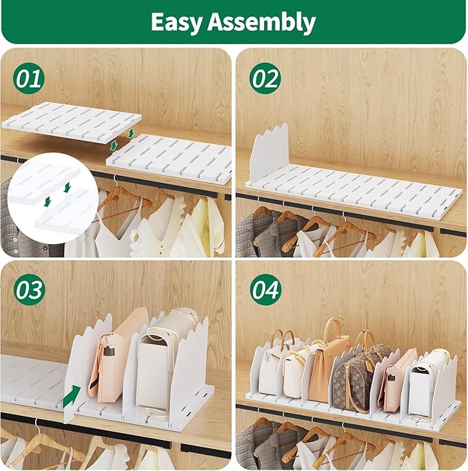 SPACEKEEPER Shelf Divider for Closet, 2 Pack Adjustable Purse Organizers Handbag Separators Storage Organizer Bookshelf Separator Dividers in Bedroom Office Kitchen Bathroom, White