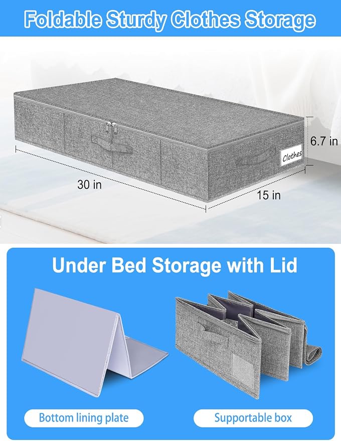 6.7-Inch Tall Under Bed Storage Container, Underbed Storage Bin w/Rigid Sides & Bottom, Large Under-Bed Clothes Organizer with Zippered Lid for Bedroom, Dorm, Sofa, 30x15x6.7 Inches, Gray