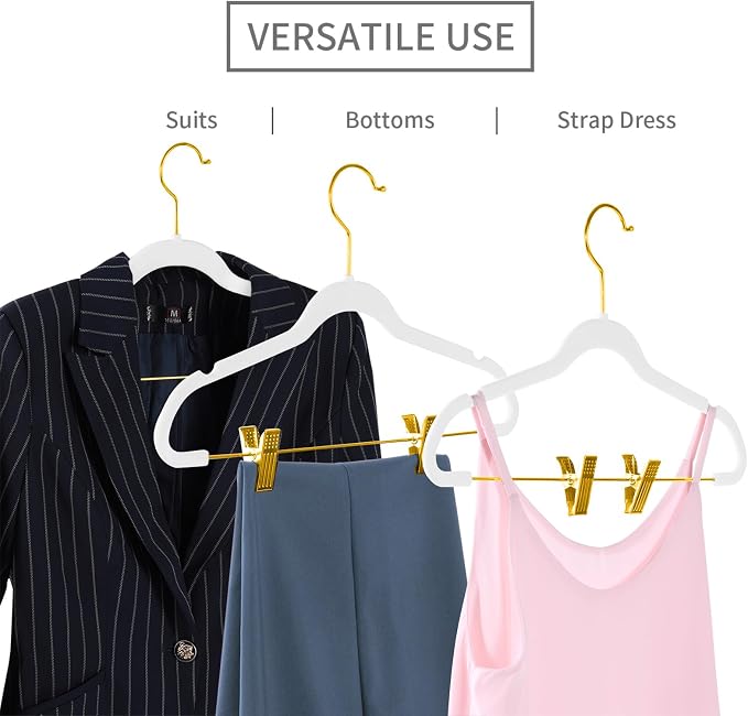 MIZGI Premium Velvet Pants Hangers with Adjustable Clips (Pack of 20) Slim Skirt Hangers- Non Slip Felt Outfit Dress Hangers White - Gold Hooks,Space Saving Shirt Clothes Hangers