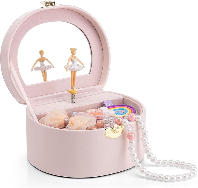 VLANDO Musical Jewelry Box for Girls - Valentines Day Gifts for Daughter Kids - Birthday for Girls Ages 4 5 6 7 8-12 Year Old - Kid Music Box with Ballerina for Birthday Bedroom Decor - Light Pink