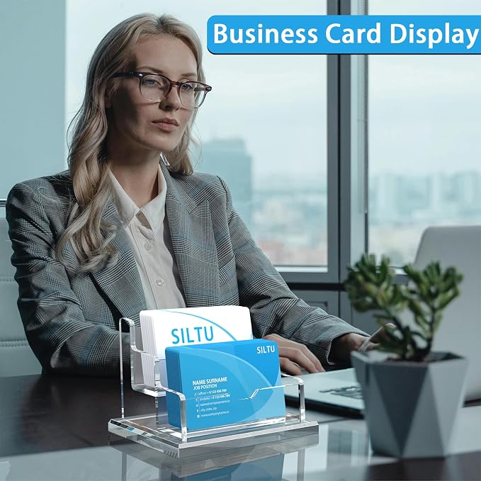 SILUT Business Card Holder for Desk, 2 Tier Acrylic Business Card Holder, Clear Business Card Display, Name Card Display Stand for Office Exhibition - 2 Slot with 100 Cards Capcity