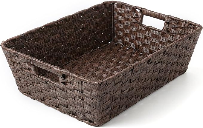 Large 2-Pack Plastic Wicker Storage Baskets, 17"x13"x5.5", Brown | Versatile woven bins for laundry, closet, living room, shelf organization, and even a cat bed – perfect home storage decor.