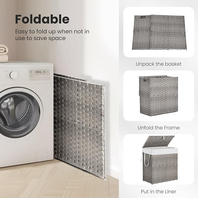 DUMOS Wicker Laundry Basket with Lid, 110L Woven Laundry Hamper with Handles, Foldable Rattan Clothes Hamper with Removable Liner & Sturdy Steel Frame, Dove Gray