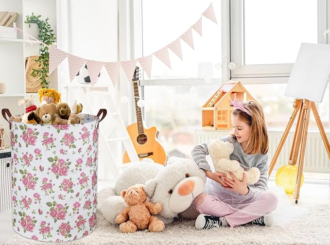 Roses Pink Laundry Basket Baby Girls Laundry Hamper Kids Toy Storage Bins Organizer Gift Basket Pink Rose Bedroom Decor Bathroom(Pink Rose)