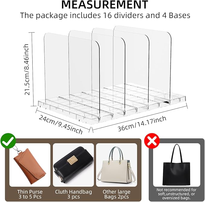 Stackable Bag & Purse Organizer for Closet Shelf Acrylic Shelf Dividers for Closet Organization, Clear Handbag Purse Storage Organizer Divider, Keep Clutch, Wallet, Pocketbook Upright, 4 Pack