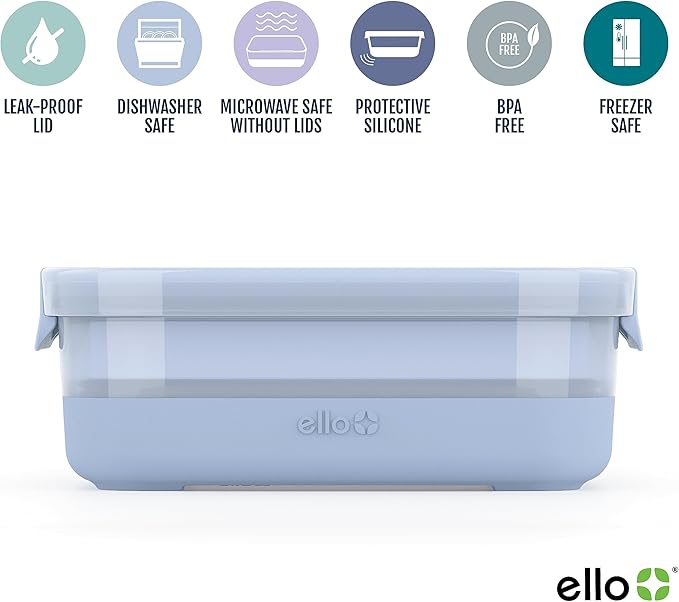 Ello Plastic Meal Prep Set BPA Free Plastic Food Storage Container with Silicone Boot and Airtight Lids, Dishwasher, Microwave, and Freezer Safe.
