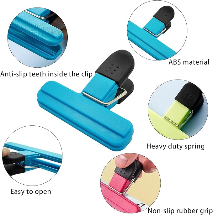 Chip Bag Clips 9pcs Air Tight, Heavy Duty, Sturdy Plastic Clips for Food Storage Assorted Sizes Food Bag Clamps for Kitchen Snacks