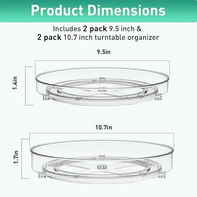 Optish 4 Pack Lazy Susan Organizer, 9.5 Inch, 10.7 Inch Lazy Susan Turntable for Cabinet, Turntable Organizer for Pantry Organizers and Storage, Non-Skid Fridge Organizer