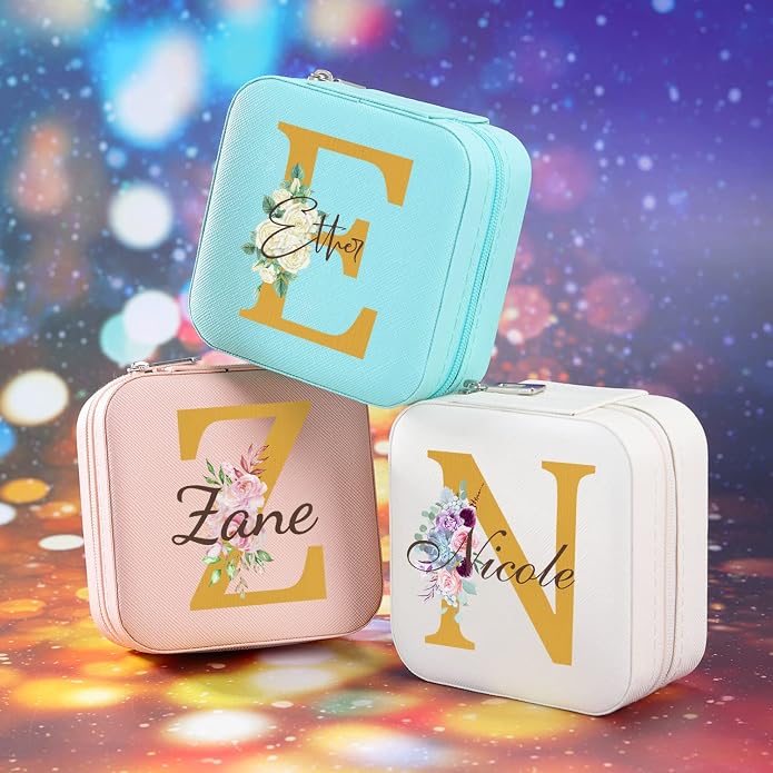 Bridesmaid Gifts Jewelry Box Personalized Small Jewelry Travel Case Custom PU Leather Portable Bridesmaid Proposal Boxes Mini Jewellery Organizer Storage Earrings Rings Necklaces for Women Girls-Pink