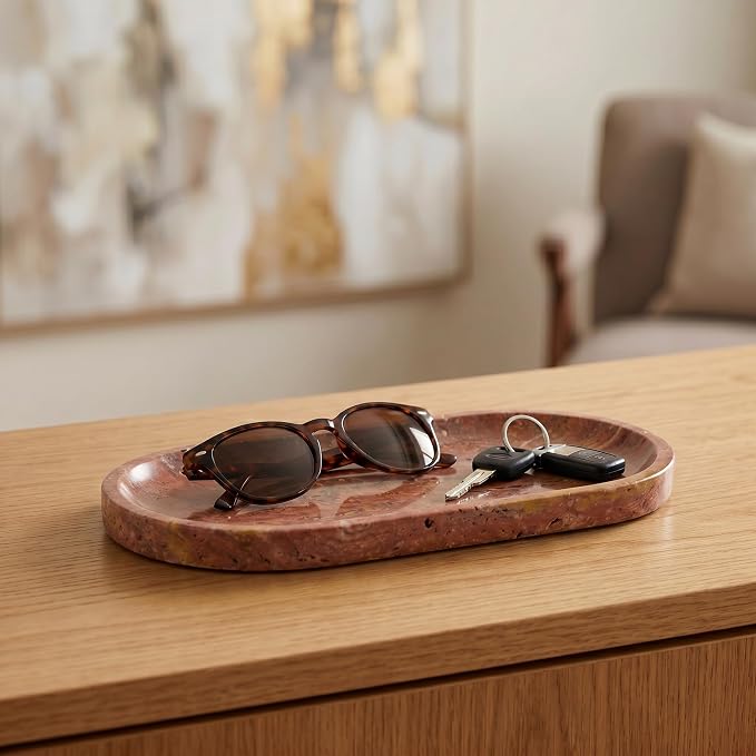 YKAJO Red Travertine Oval Marble Tray, 9.8x4.7 Vanity Perfume Organizer | Honed natural stone; jewelry & trinket dish, ring & key holder, soap & candle catchall; bath counter, dresser, coffee table