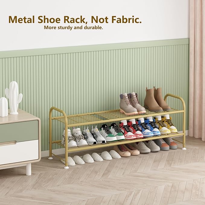 LINZINAR Shoe Rack Long 2 Tier Shoe Storage Organizer Metal Wide Shoe Shelf for Closet Entryway Bedroom 18 Paris Large Capacity, Gold