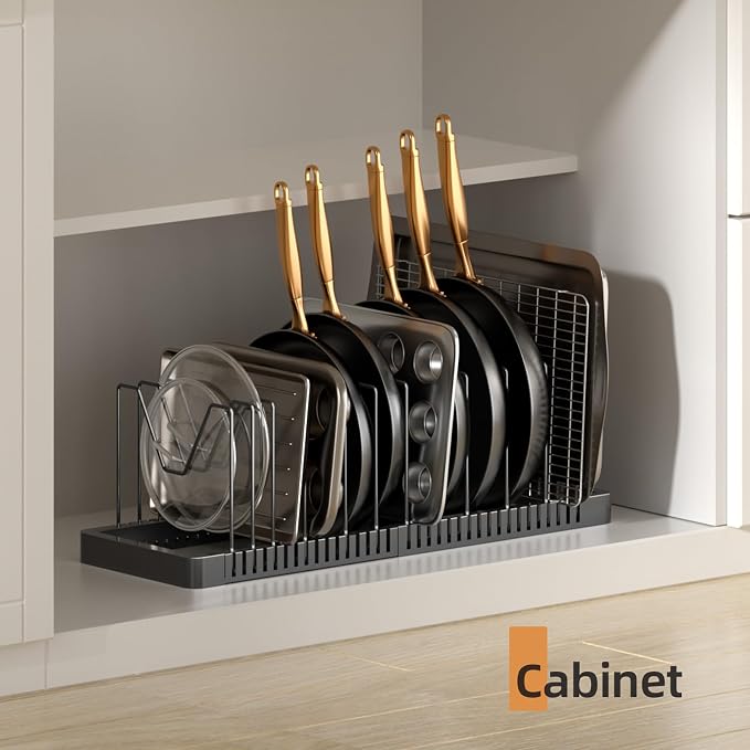 PanPanPal Pots and Pans Organizer under Cabinet, Expandable Pot Lid Organizer Holder with 12 Adjustable Compartment, Pan Organizers inside Cabinet for Lids, Bakeware, Kitchen Storage Pot Rack, Black