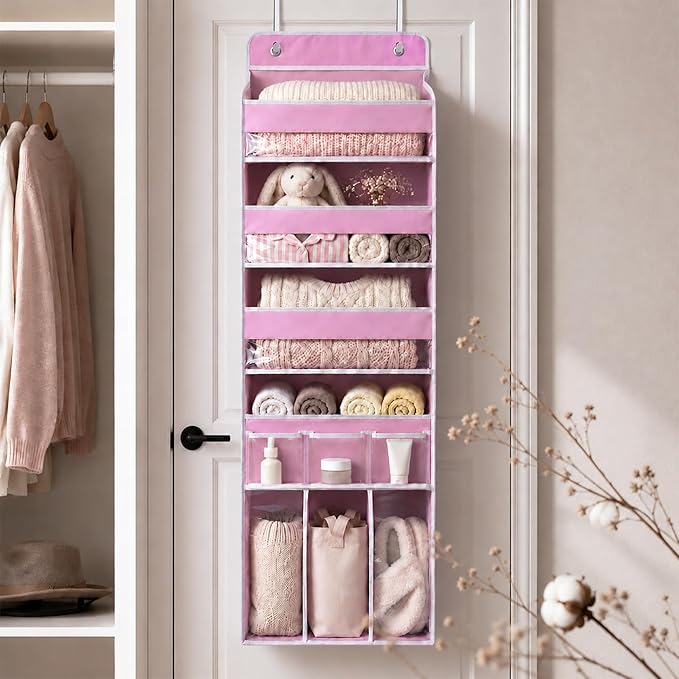 Door Hanging Storage Organizer with 3Bins1 Movable Baby Diaper Caddy,1Large capacity diaper stacking storage Organizer,10Side Pockets,Suitable to Store All Items,Bedroom Nursery Essentials. (Pink)