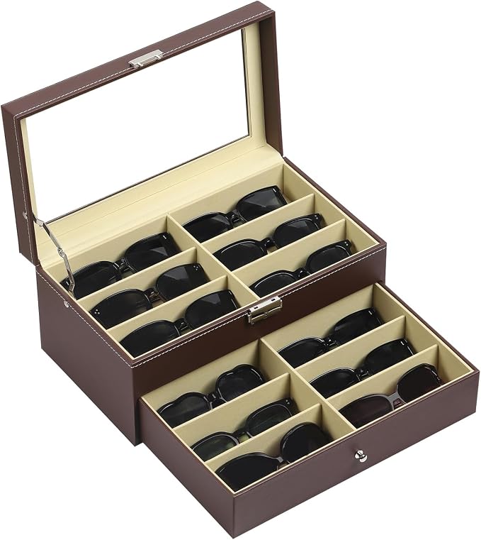 AUTOARK Leather Eyeglasses Storage Case Organizer,12 Piece,Brown,AW-129 | Sunglass Display,Drawer Lockable