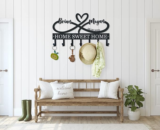 Metal Key Holder for Wall, 5 Hooks, Art Deco, Personalized, Waterproof, Rust Resistant, Max 33 pounds, Decorative Home Decor, Wedding Gift