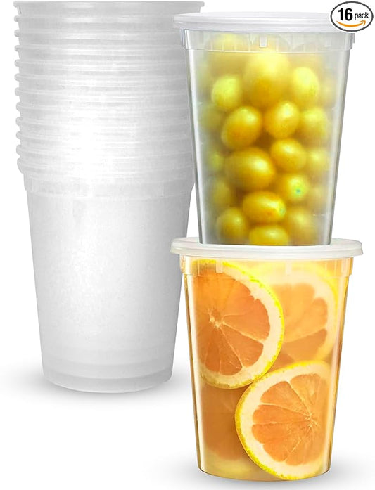 Deli Plastic Storage Containers with Lids [16 Sets] 32 Oz - Reusable Food Containers for Home & Business - Microwave & Freezer friendly - Dishwasher safe - Secure & Tight fitting Covers