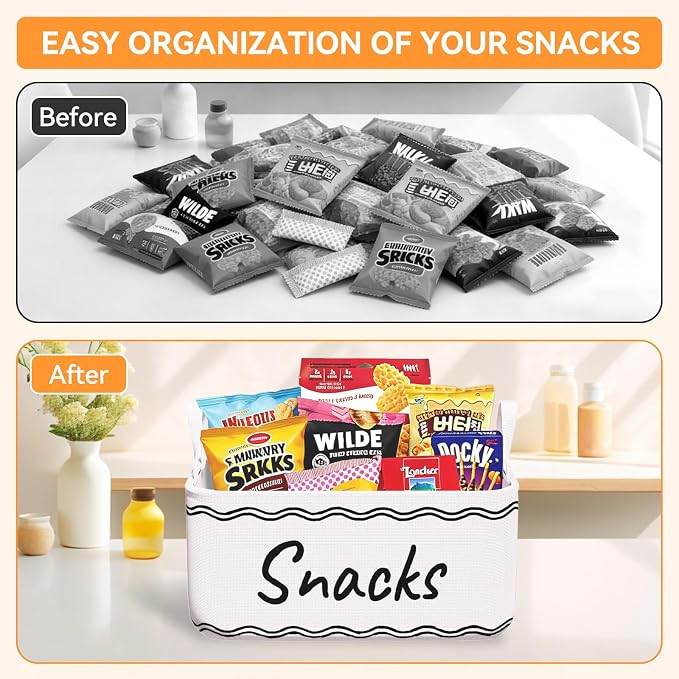 Snack Basket for Pantry & 5 Seal Clips - Snack Bin Organizer for Countertop - Imitation Linen Snack Storage Containers for Storing Chips, Pretzels, Cookies, Popcorn and more (1, White)