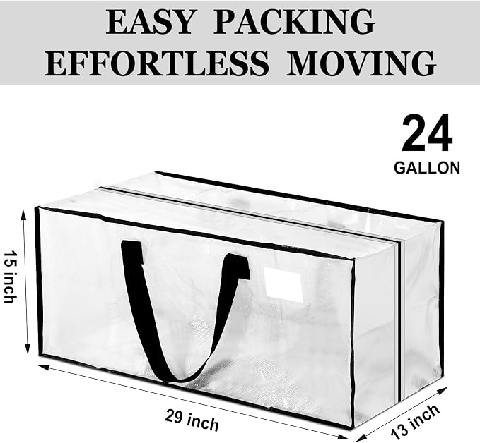 4 Pcs 24 Gallon Extra Large Moving Bags Heavy Duty Storage Bag with Strong Zipper Handle Foldable XXL Jumbo Storage Tote Packing Moving Box for College Dorm Travel Cloth Duffle (Clear)